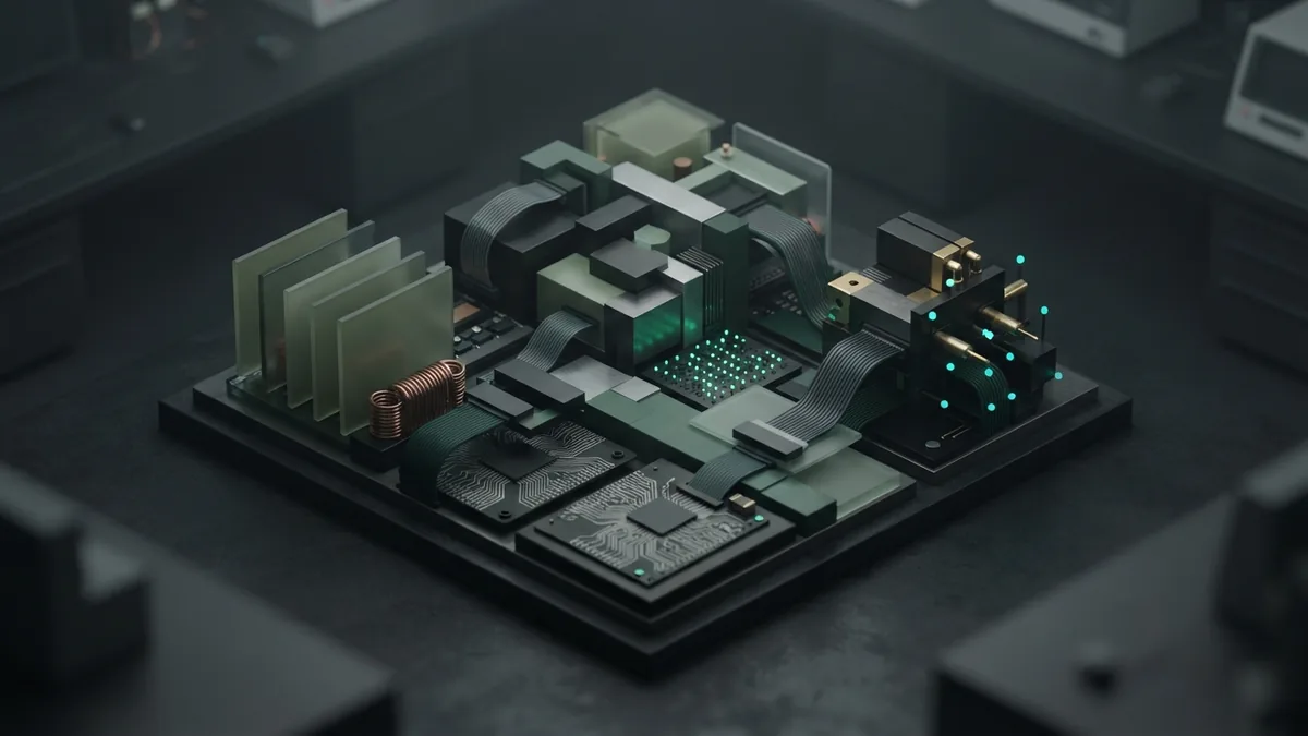 Modular AI agent components linked by cables to represent memory, planning, and tool use
