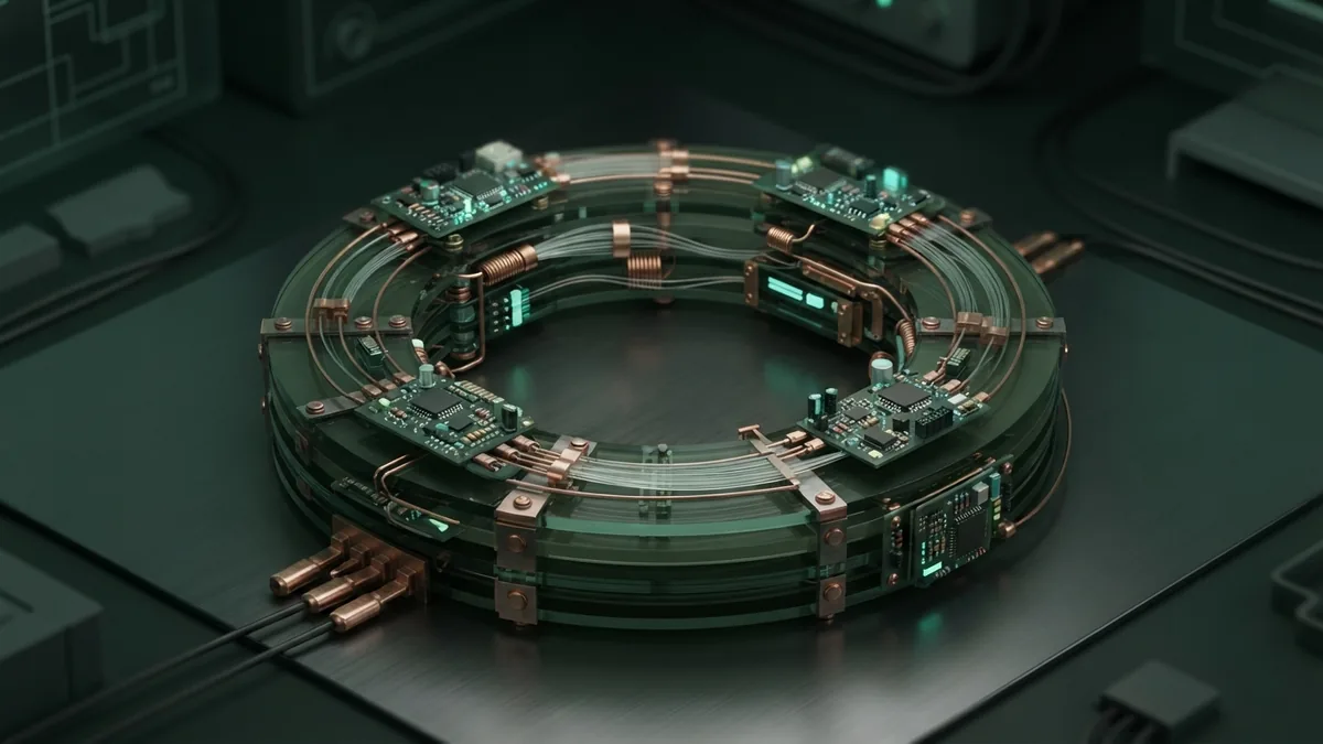 Isometric control loop with glass panels and circuit modules showing how an AI agent works