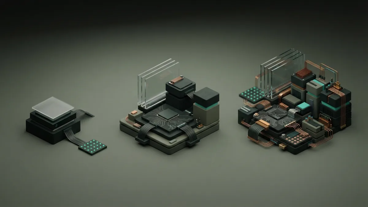 Bots, assistants, and agents compared Three abstract modular systems showing the difference between bots, assistants, and AI agents