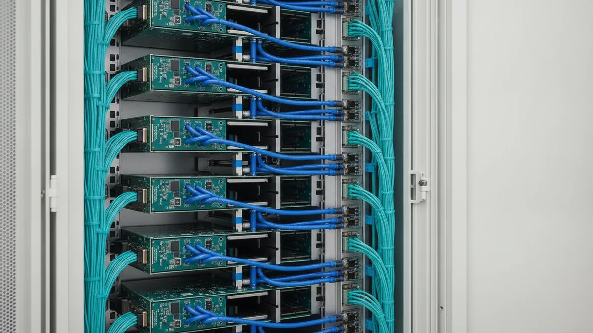 AI server rack components Close view of GPU servers, network cables, and cooling lines in a rack