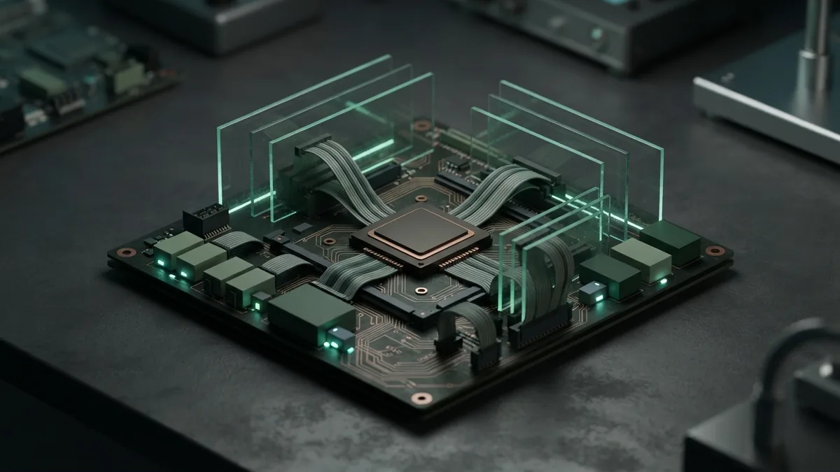 A close view of connected code systems Detailed circuit board and ribbon cables representing code work and software systems