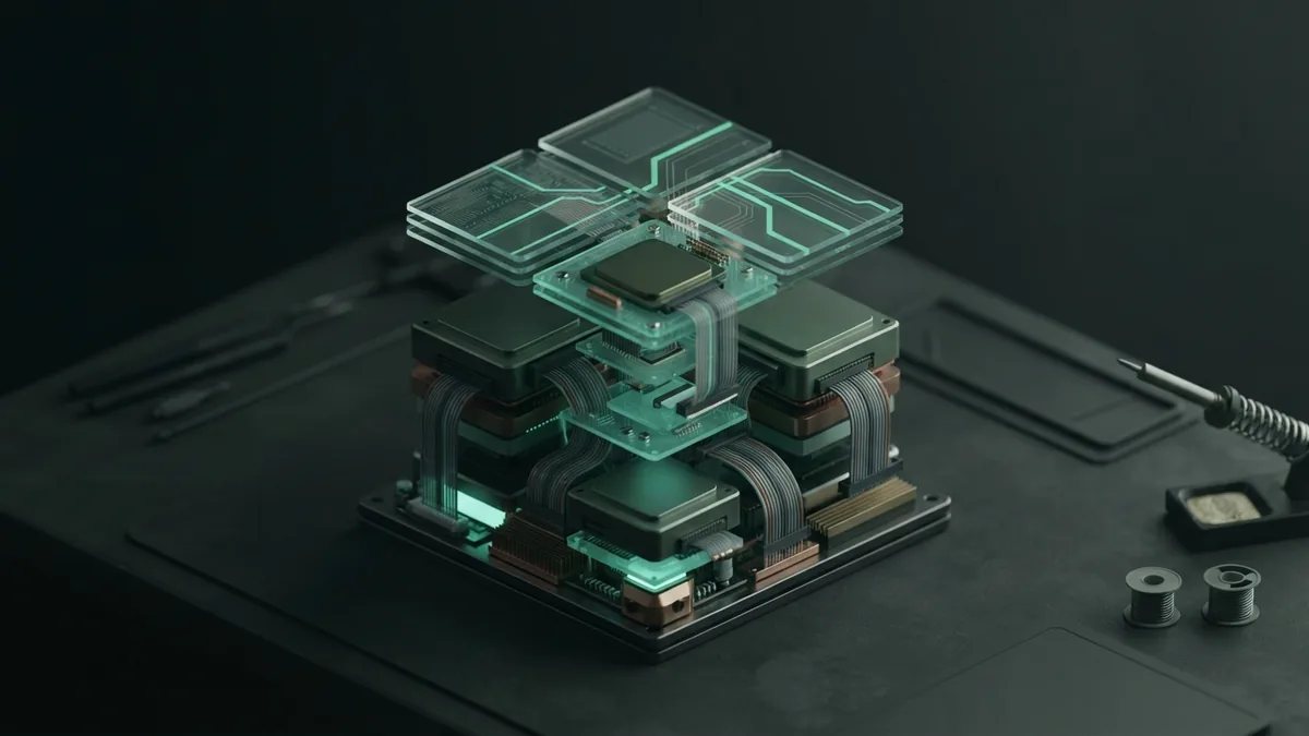 Stacked processor blocks and cables showing the forces speeding up AI progress