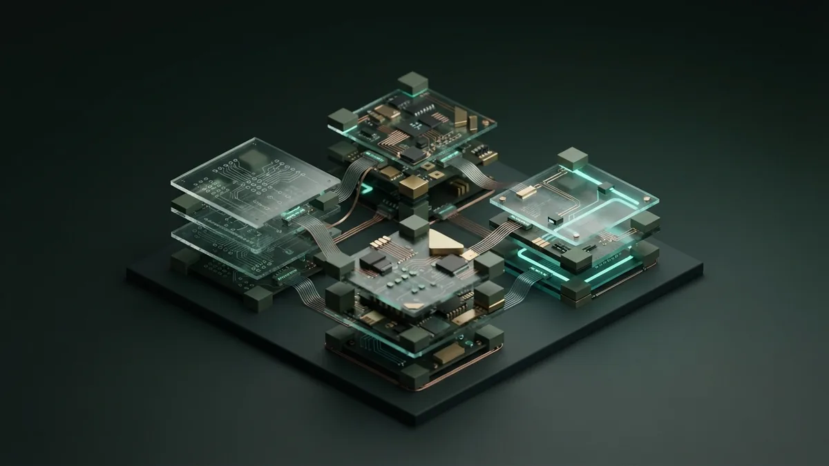 Connected abstract systems representing AI use across health finance and education