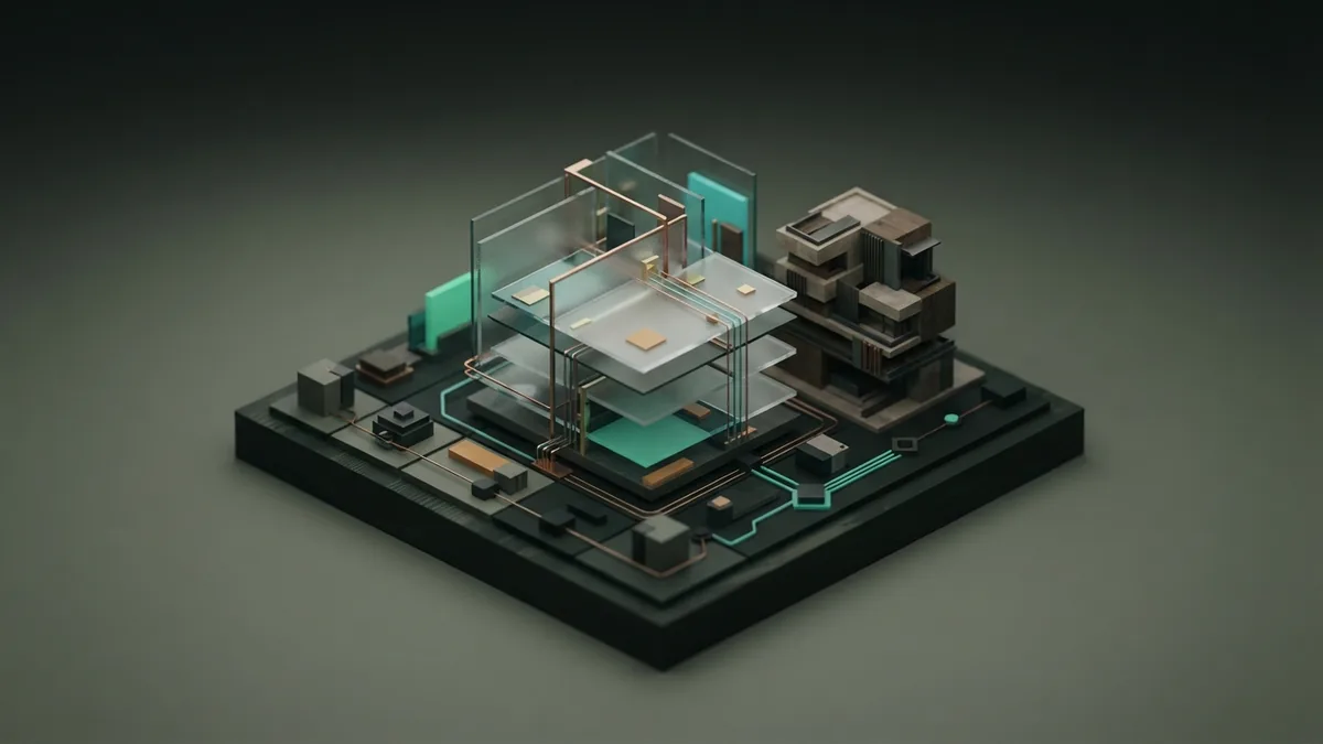 Property pricing and marketing tools Miniature property model and layered glass forms representing AI pricing and marketing tools