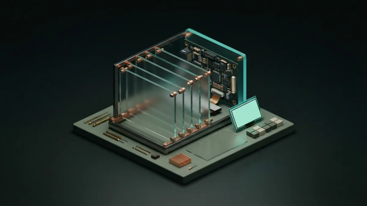 A quiet review workspace with blank glass panels and hardware represents human checks of AI claims