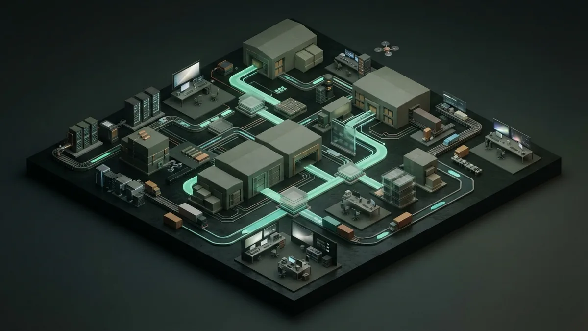AI across business operations Isometric supply chain model linking stock, customer needs, and business operations