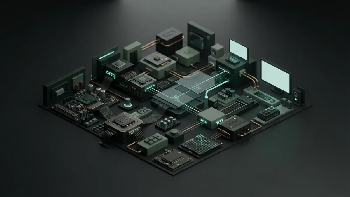 AI automation in daily operations Isometric business workflow with modular blocks, cables, and AI automation hardware