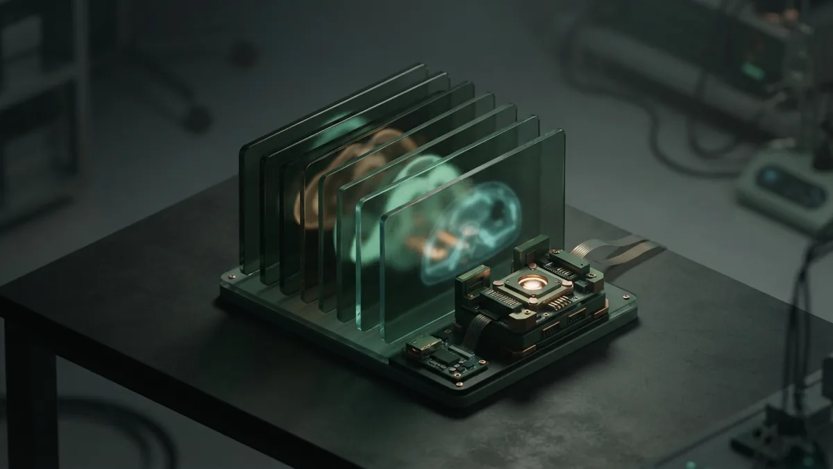 Isometric medical imaging system showing abstract scan layers and AI analysis