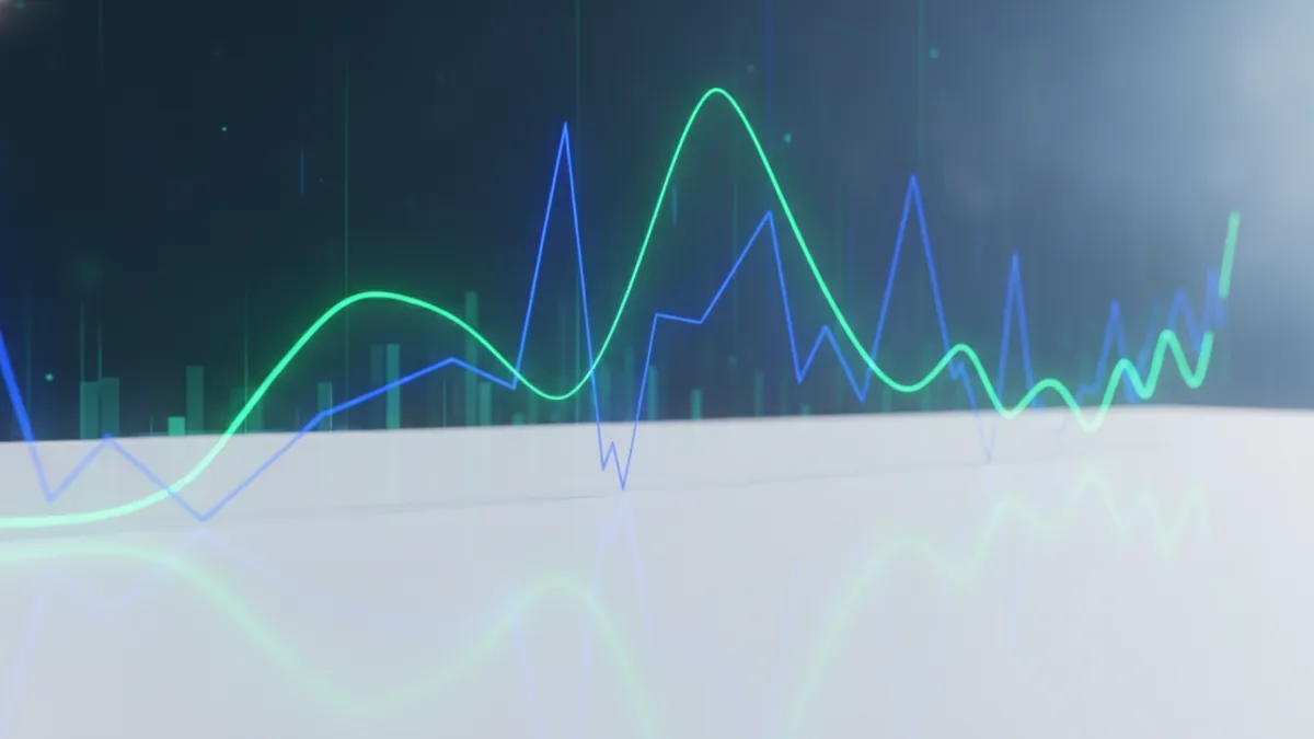 AI stock market risk Financial market display with abstract rising lines symbolizing AI stock gains and risk
