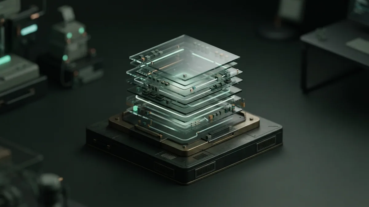 Abstract data nodes and glass layers suggest careful review of financial records