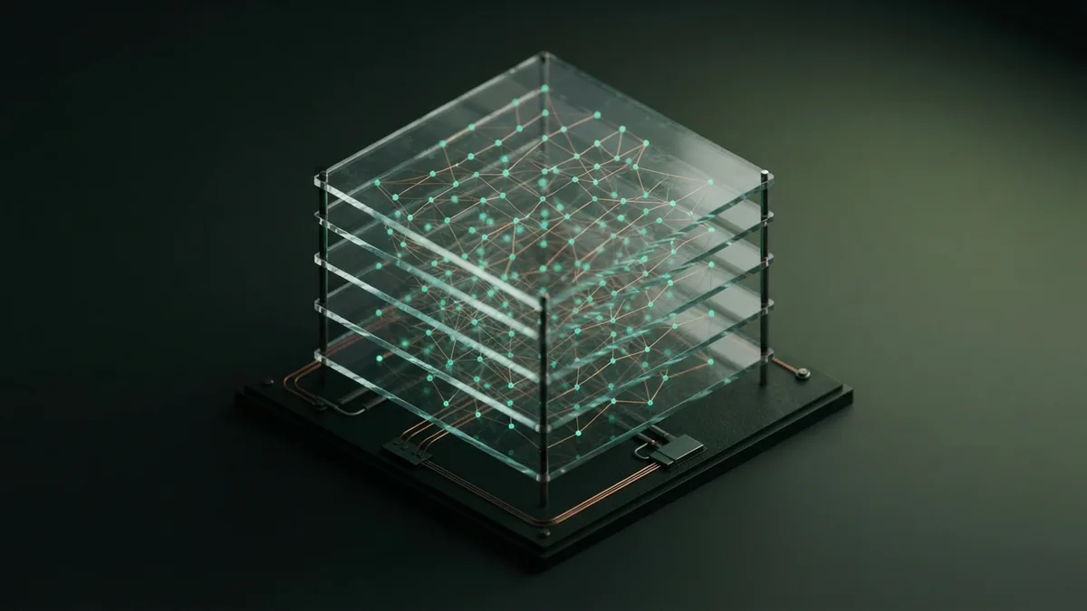 A measured view of future AI systems Layered glass panels and connected nodes suggest careful growth in AI systems
