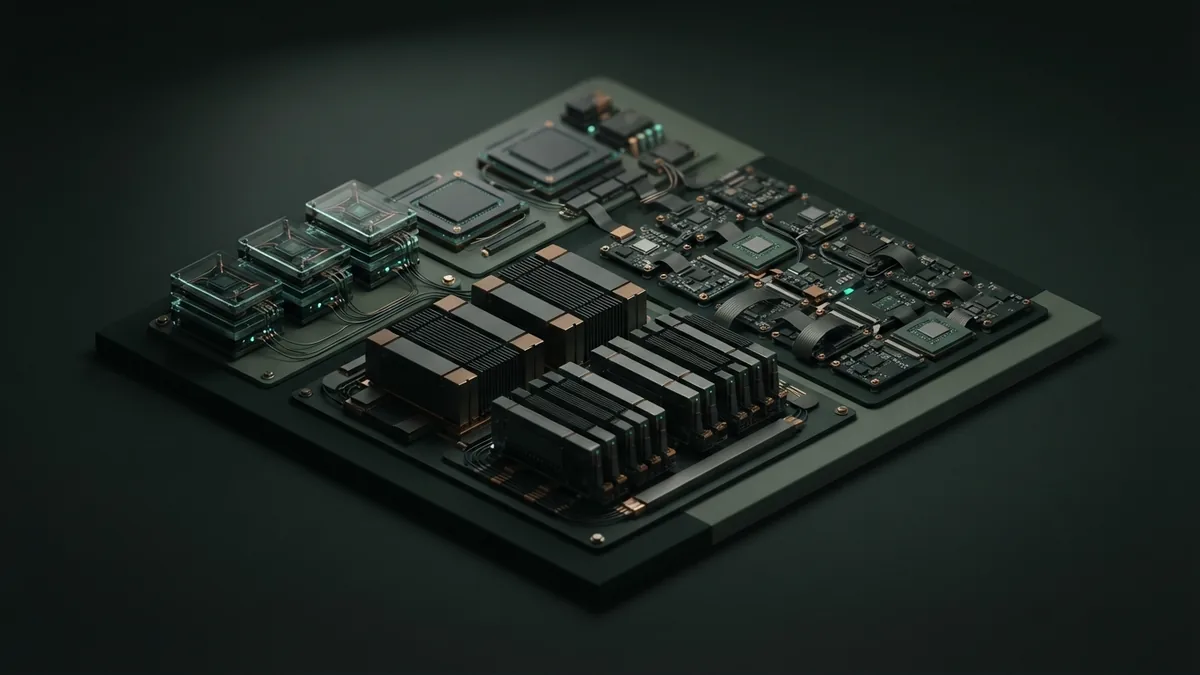 Different AI processor modules arranged as a compact hardware comparison scene