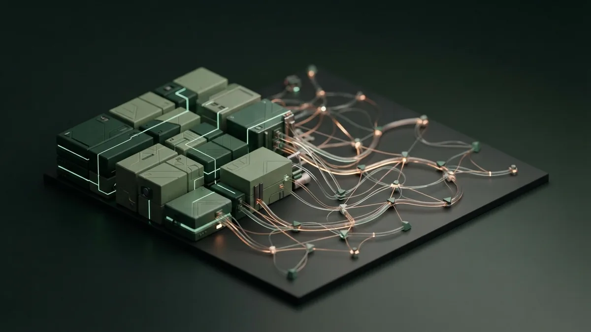 Modular blocks beside a flexible node network on a dark green work surface