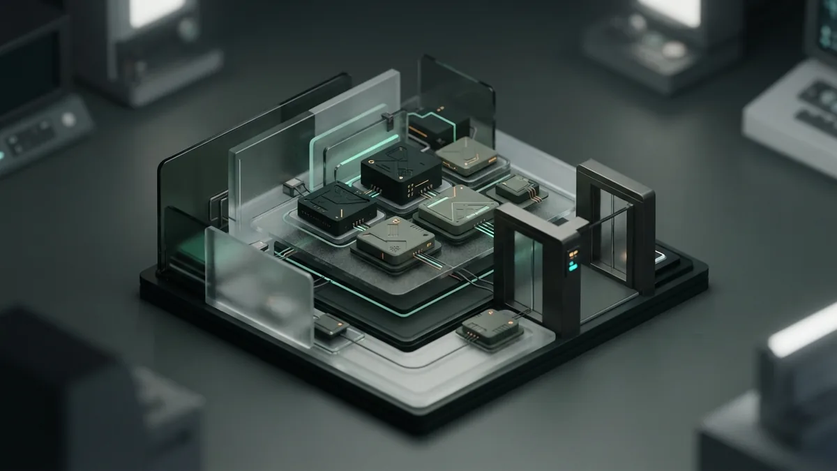 Secure data modules and access controls Layered glass panels and secure data modules arranged for careful access review