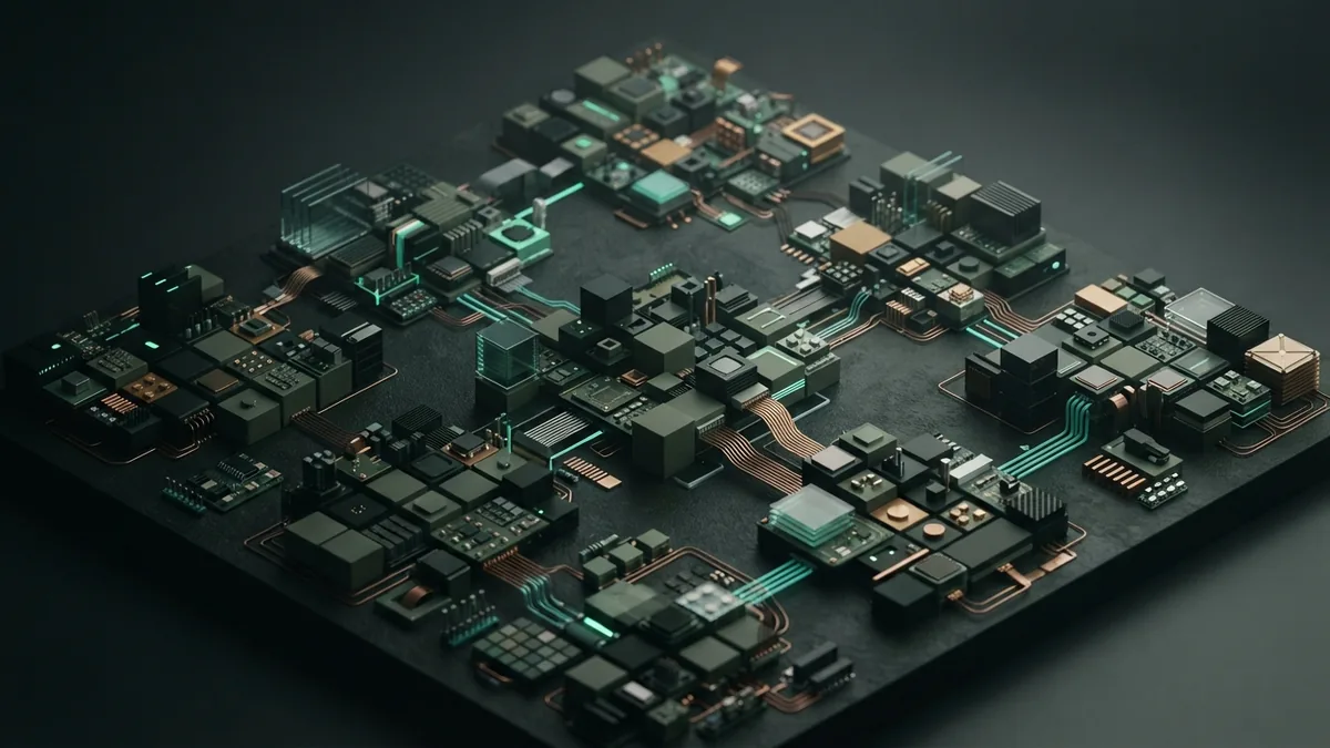 Modular AI tool ecosystem shown as grouped hardware blocks in an isometric scene