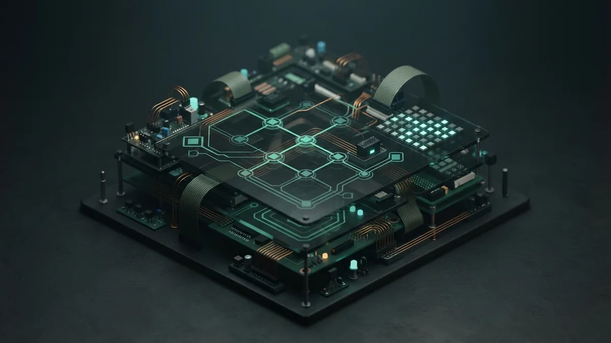 Abstract machine learning system with layered glass panels and connected circuit nodes