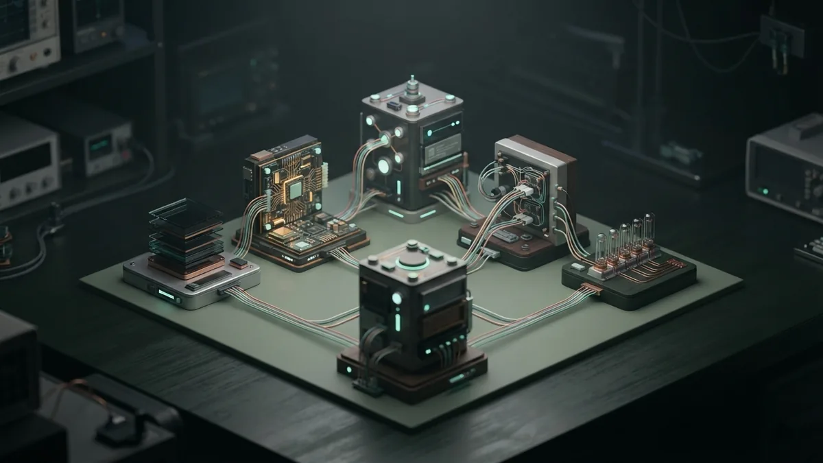 Five connected modular structures representing major AI tool categories