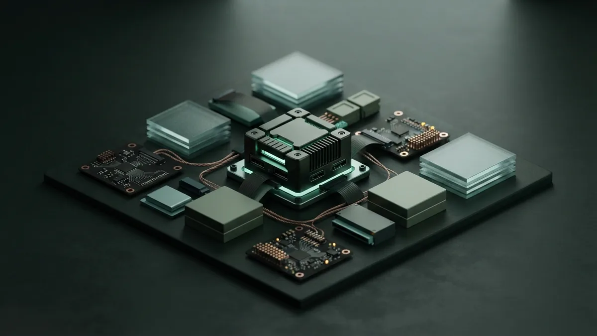 AI tools grouped by their main uses Compact AI hardware modules arranged around a central processing block