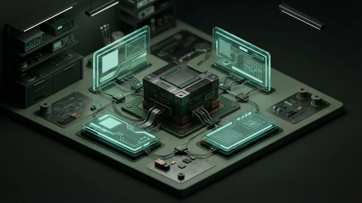 Central AI module connected to abstract tools and data panels