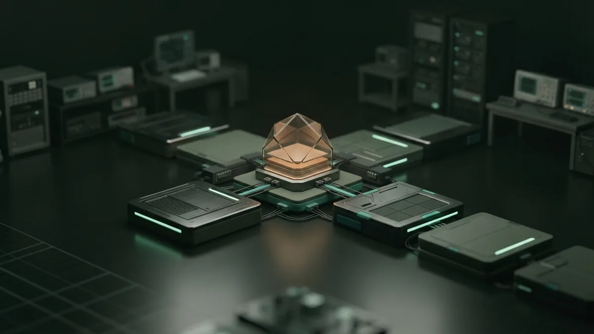 Using an AI model step by step Ordered modular platforms leading toward a softly glowing AI core