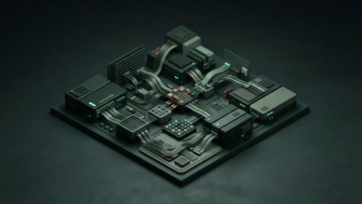 Modular data system for real-time planning Abstract data system with modular blocks, ribbon cables, and a restrained teal glow