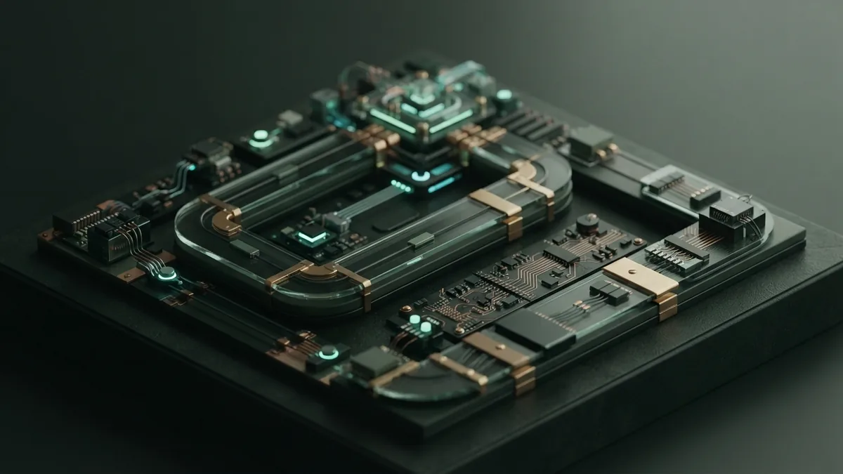 Layered glass panels and brass connectors arranged as a measured technology growth path