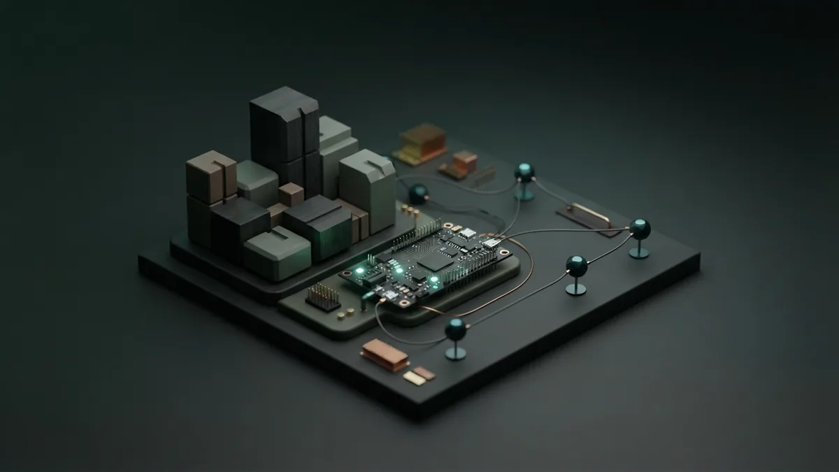 Balanced modular blocks beside a circuit board representing measured technology risk