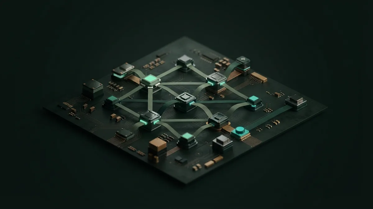 Abstract model choices on a circuit board Abstract AI model nodes linked across a dark miniature circuit board
