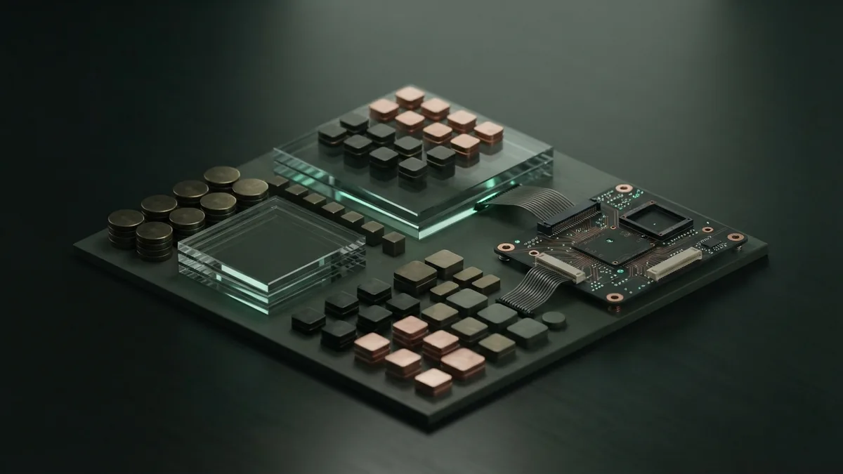 Small metal tokens and glass layers arranged beside a miniature circuit board