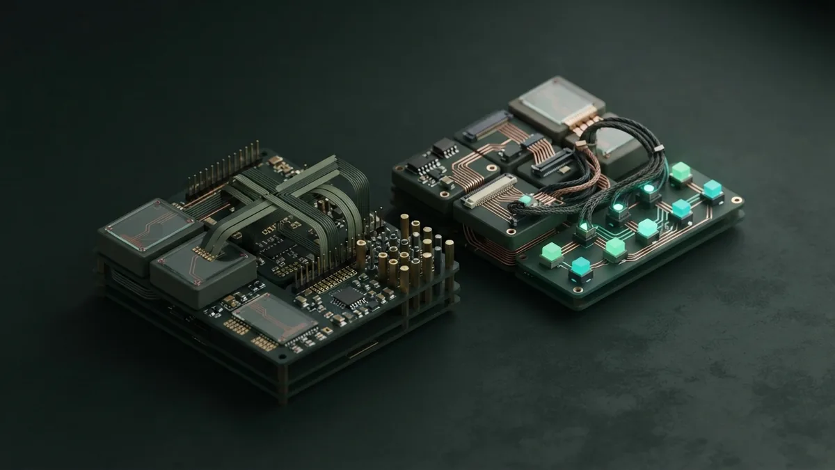 Two abstract circuit assemblies arranged side by side for model comparison