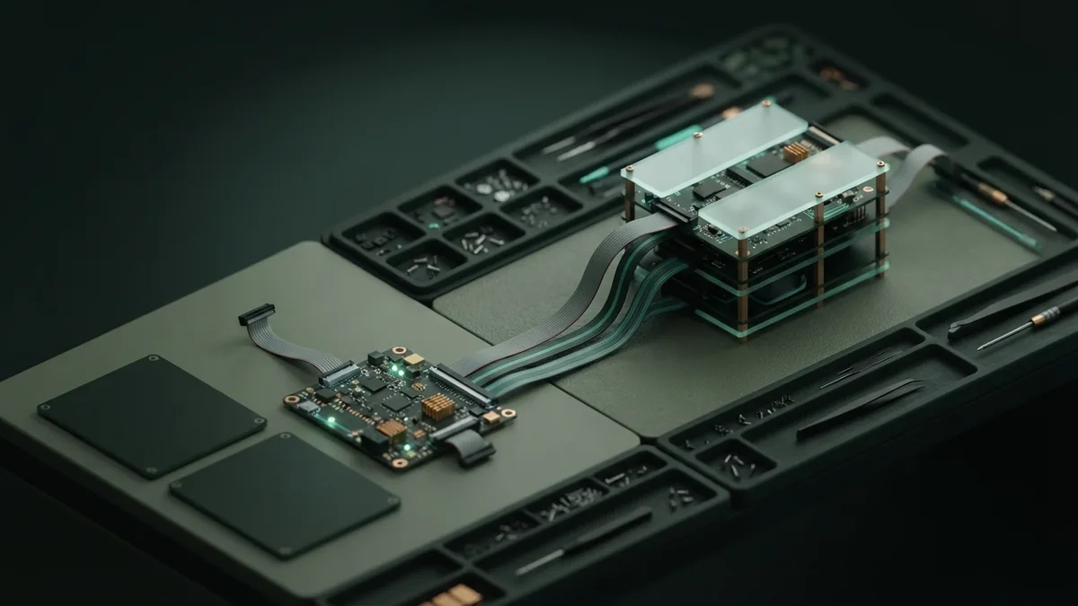 A miniature website build sequence Isometric model showing blank panels and hardware arranged in a website build sequence