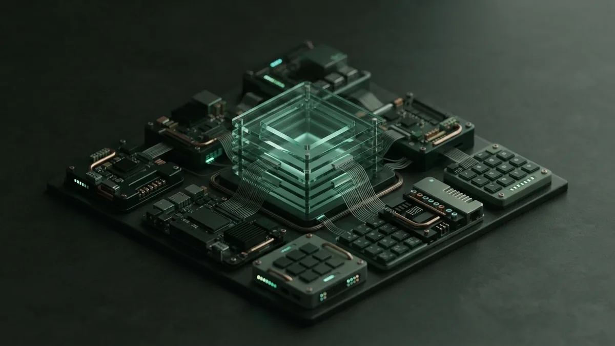 Choosing site tools and hosting Layered glass site structure connected to hardware modules in a dark green workspace