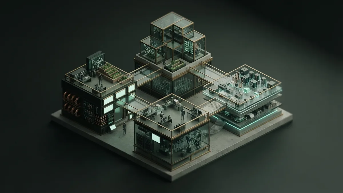 Examples of AI-built websites Three isometric website examples built from modular glass panels and blocks