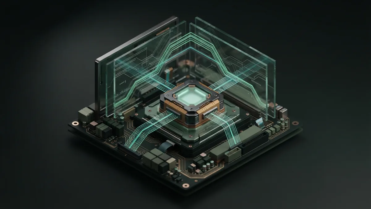 Layered data panels feed a protected central module in a quiet AI system