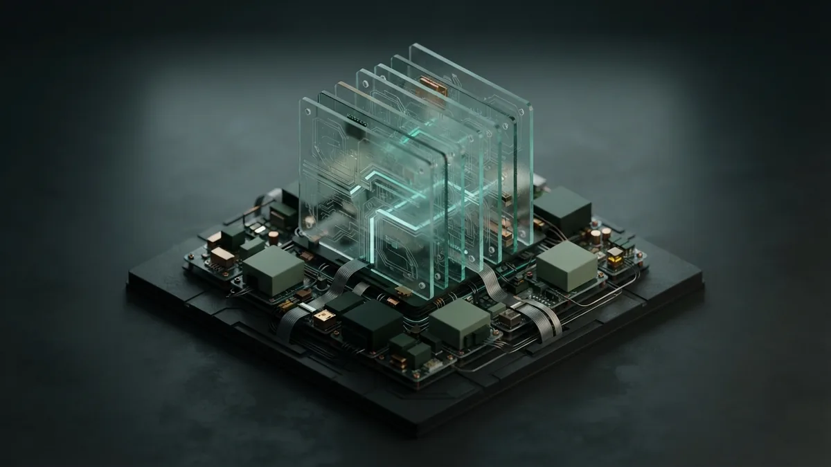 Layered glass panels and a quiet node grid represent risk checks in an AI investment platform