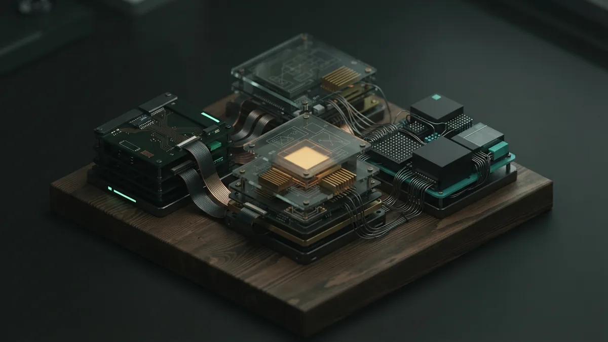 Three connected modular systems represent managed investing, research tools, and financial planning