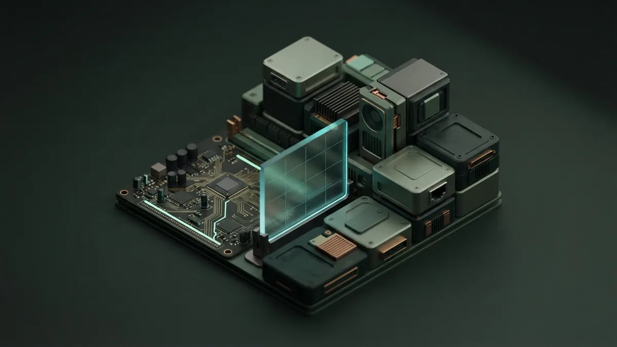 Balanced modular blocks beside a circuit board suggest the benefits and limits of automated investing