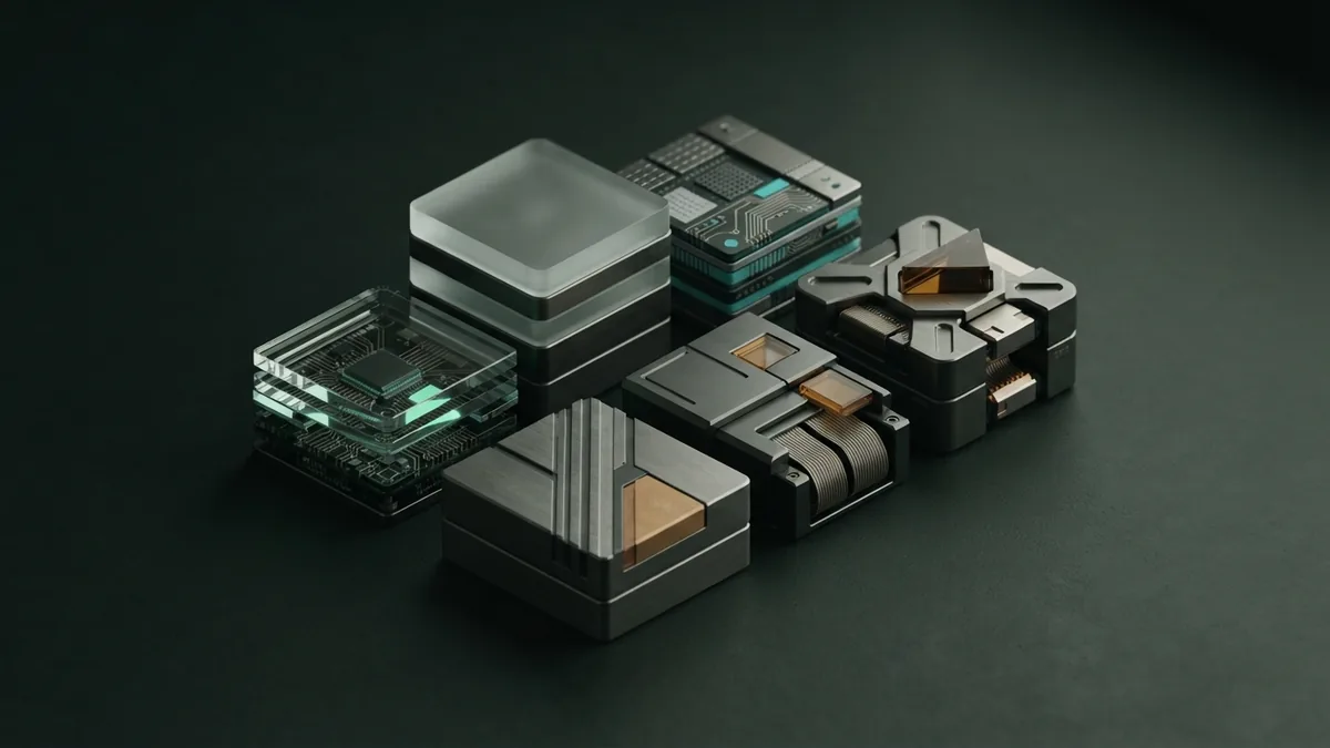Six distinct dark modular blocks representing a selected set of AI marketing tools