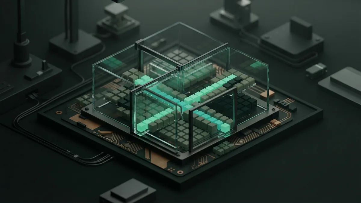 AI-assisted data analysis Abstract data analysis workspace with layered panels and modular blocks