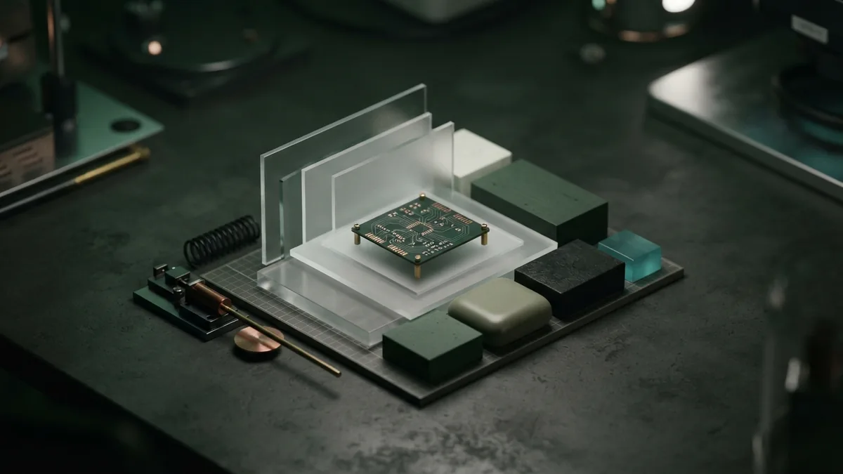 Isometric image creation setup with layered glass panels and abstract material samples