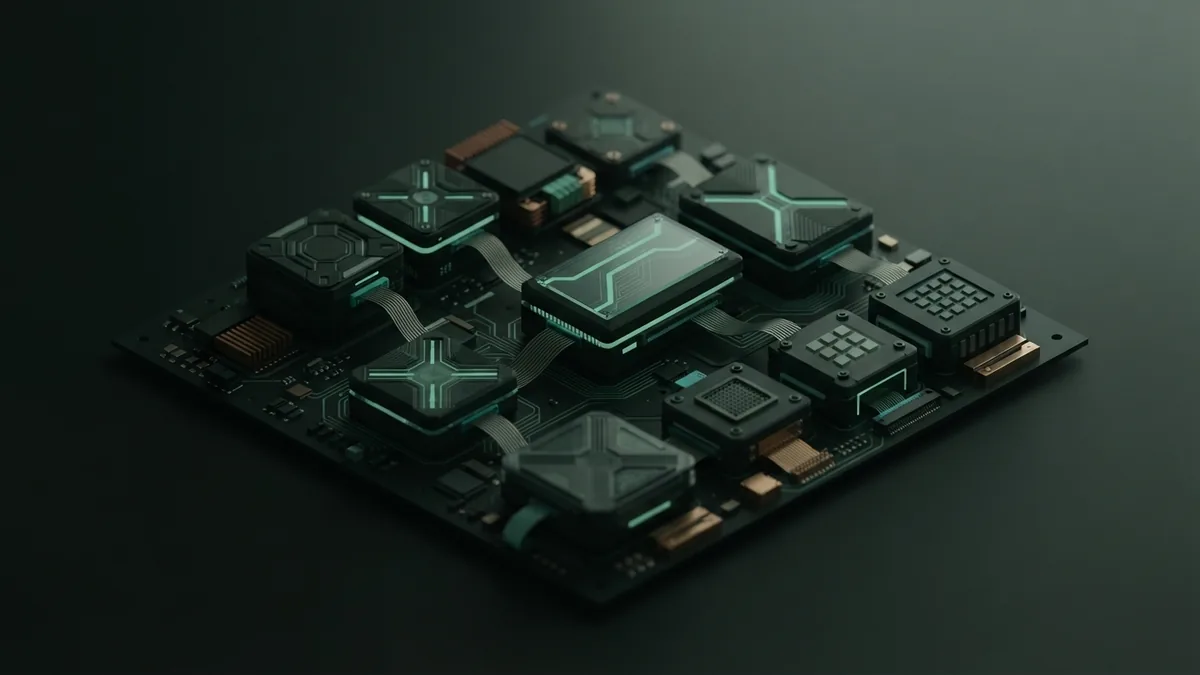 Isometric automated workflow built from linked modules and circuit board parts