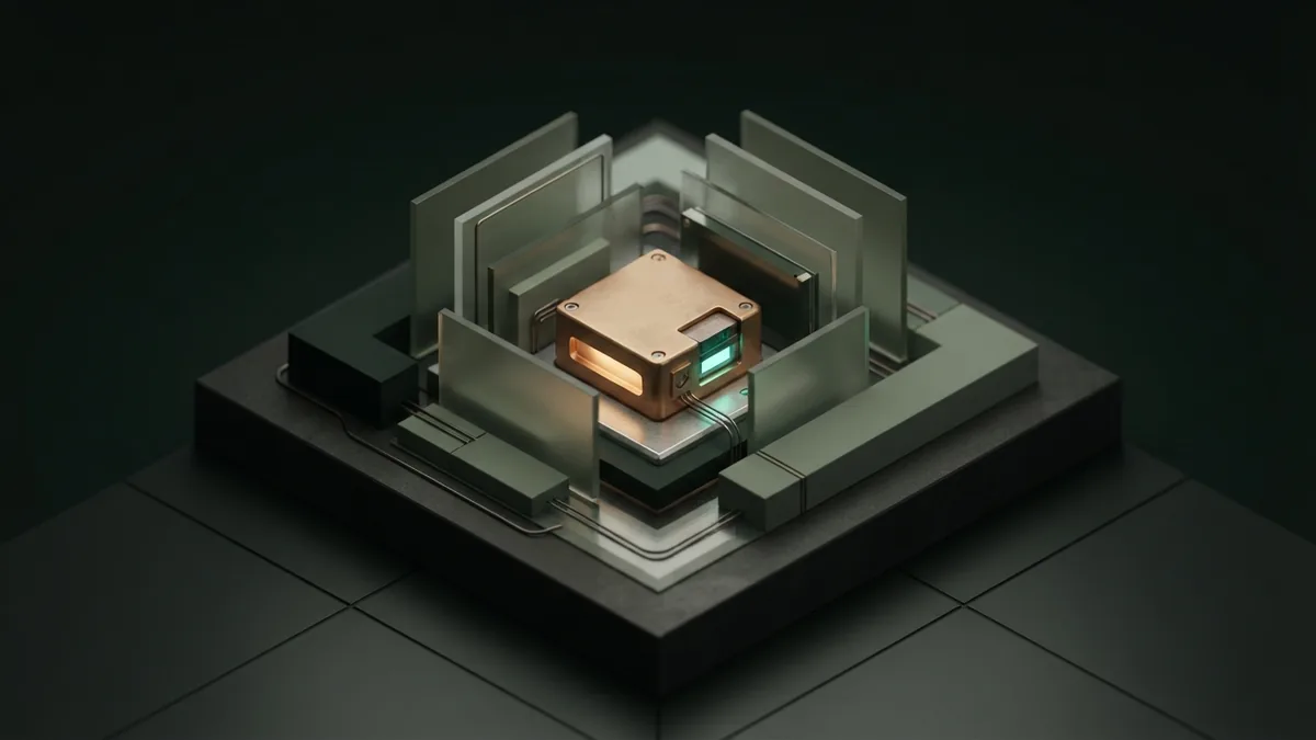 AI for business strategy Isometric strategy planning system with layered glass panels and brass module