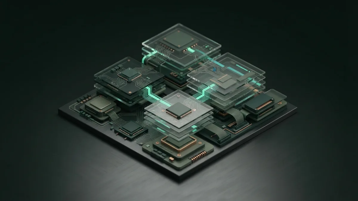 AI research and data analysis Isometric data analysis system with glass layers and connected modules