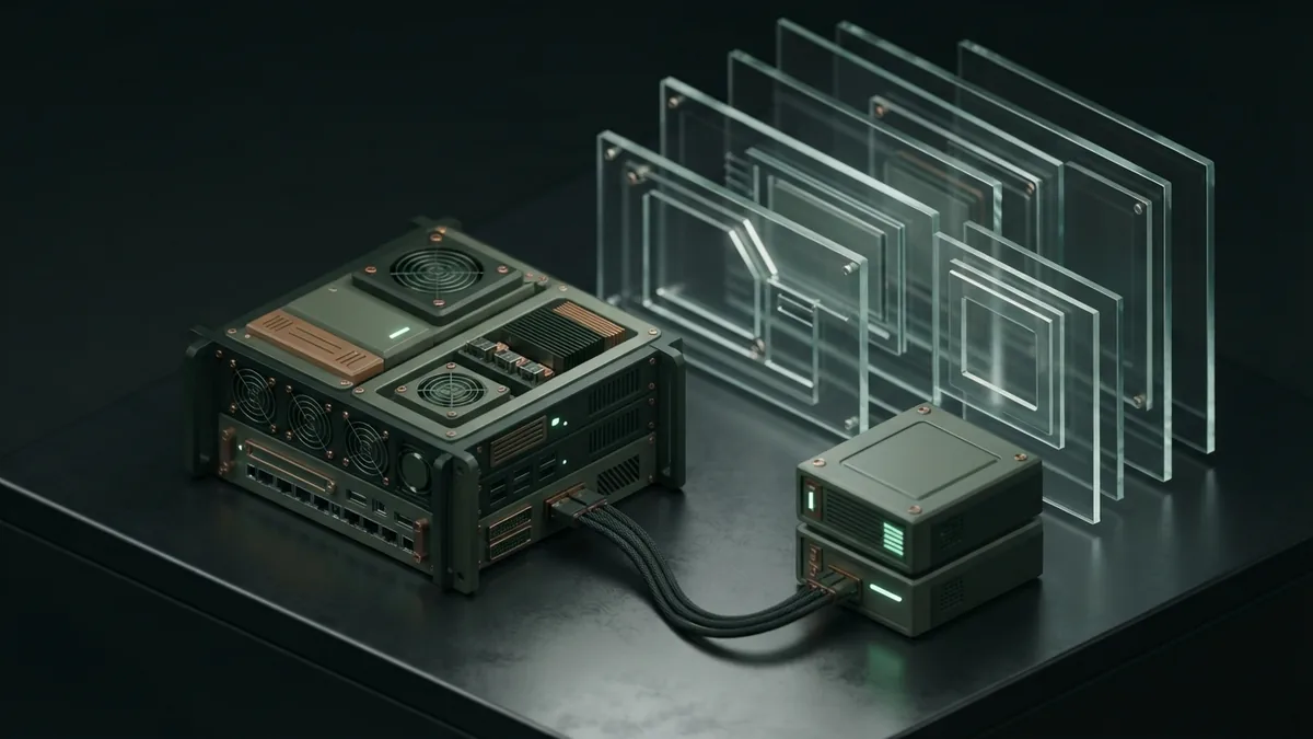 A local MCP server connection Modular server node linked to a storage block in a dark green technical workspace