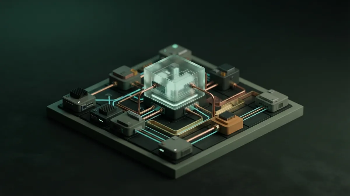 Isometric server and client blocks linked through calm modular channels in a dark technical workspace