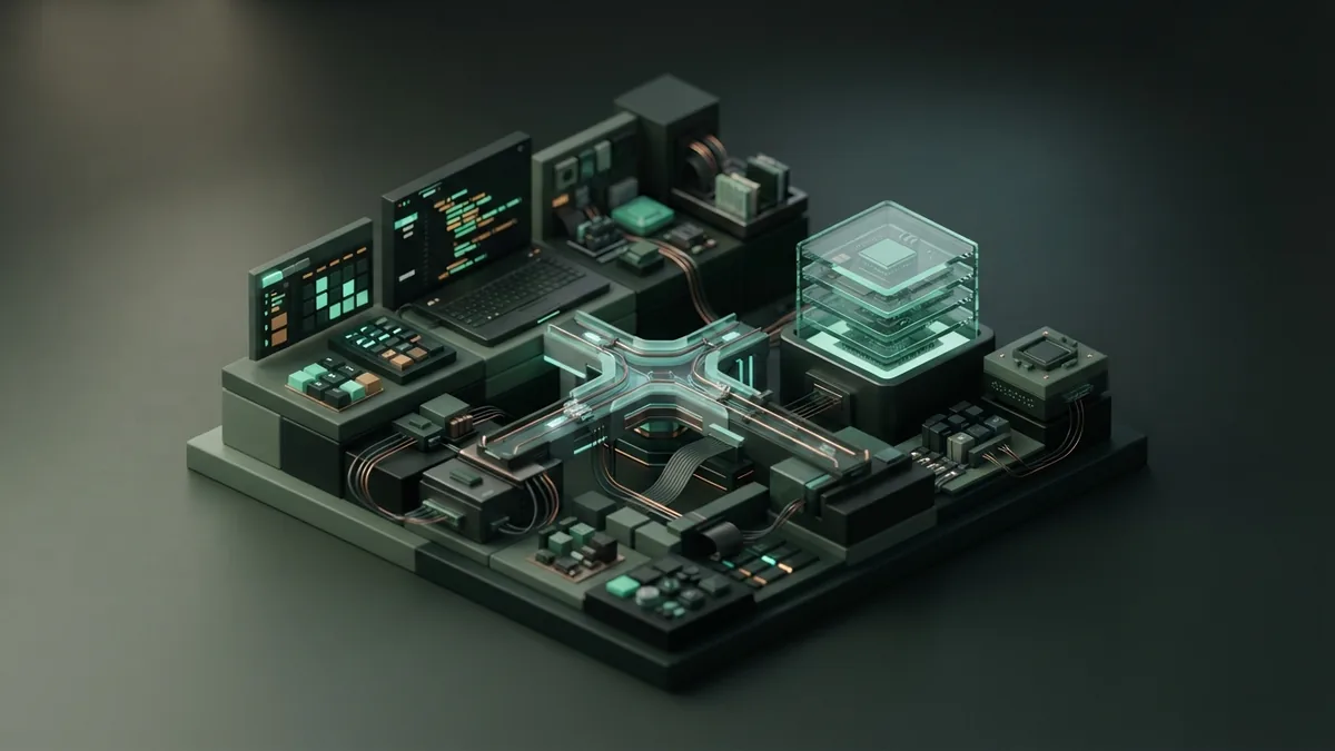 Claude Code MCP connection Abstract isometric workspace with a bridge module linking Claude Code to a remote MCP server