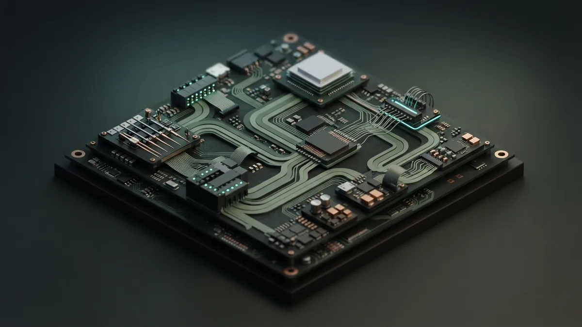 Connected tools within an agent system Abstract circuit board with connected modules representing tools and workflow features