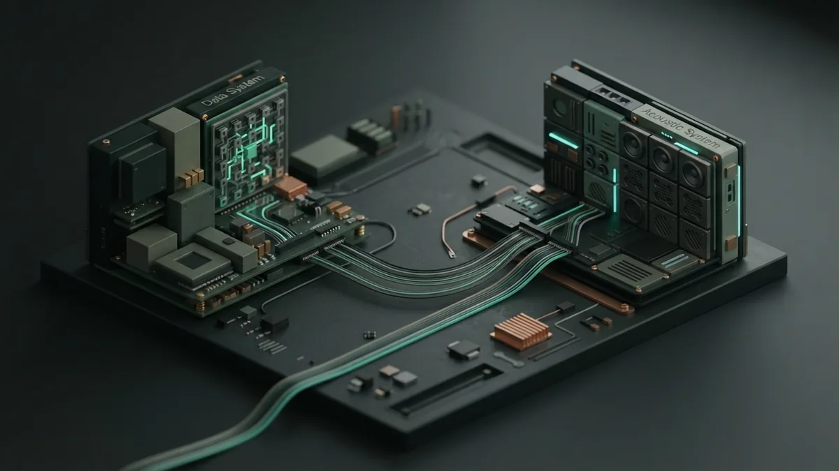 Linked data and sound systems Data and acoustic technology modules linked across a dark, compact work surface