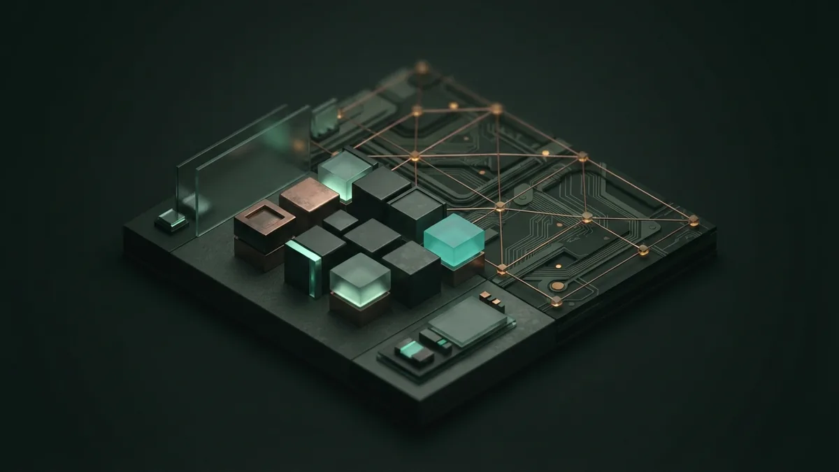 Abstract asset token records Blank token-like blocks beside a secure node grid in a muted green setting