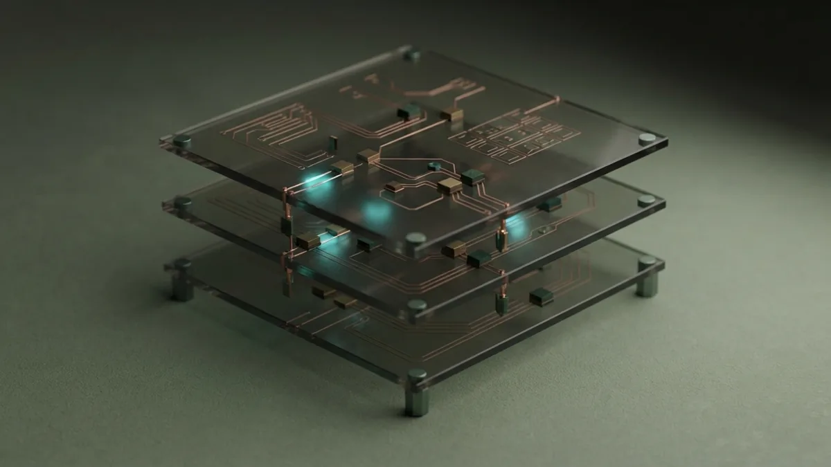 Layered neural network model with glass panels, nodes, and copper connections
